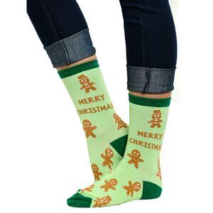 Women's Gingerbread Cookie Christmas Socks Novelty All-Over Print Green Crew